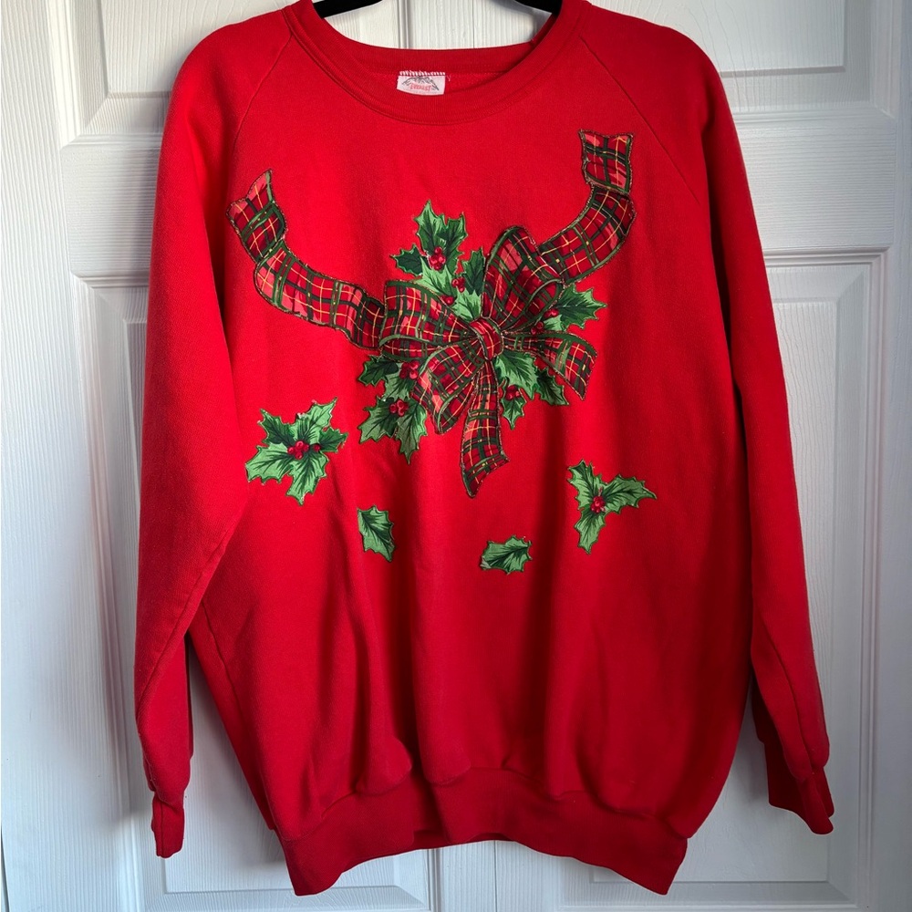 Vintage Hand-decorated Red Holiday Sweatshirt with Plaid Bow and Holly - Size XL